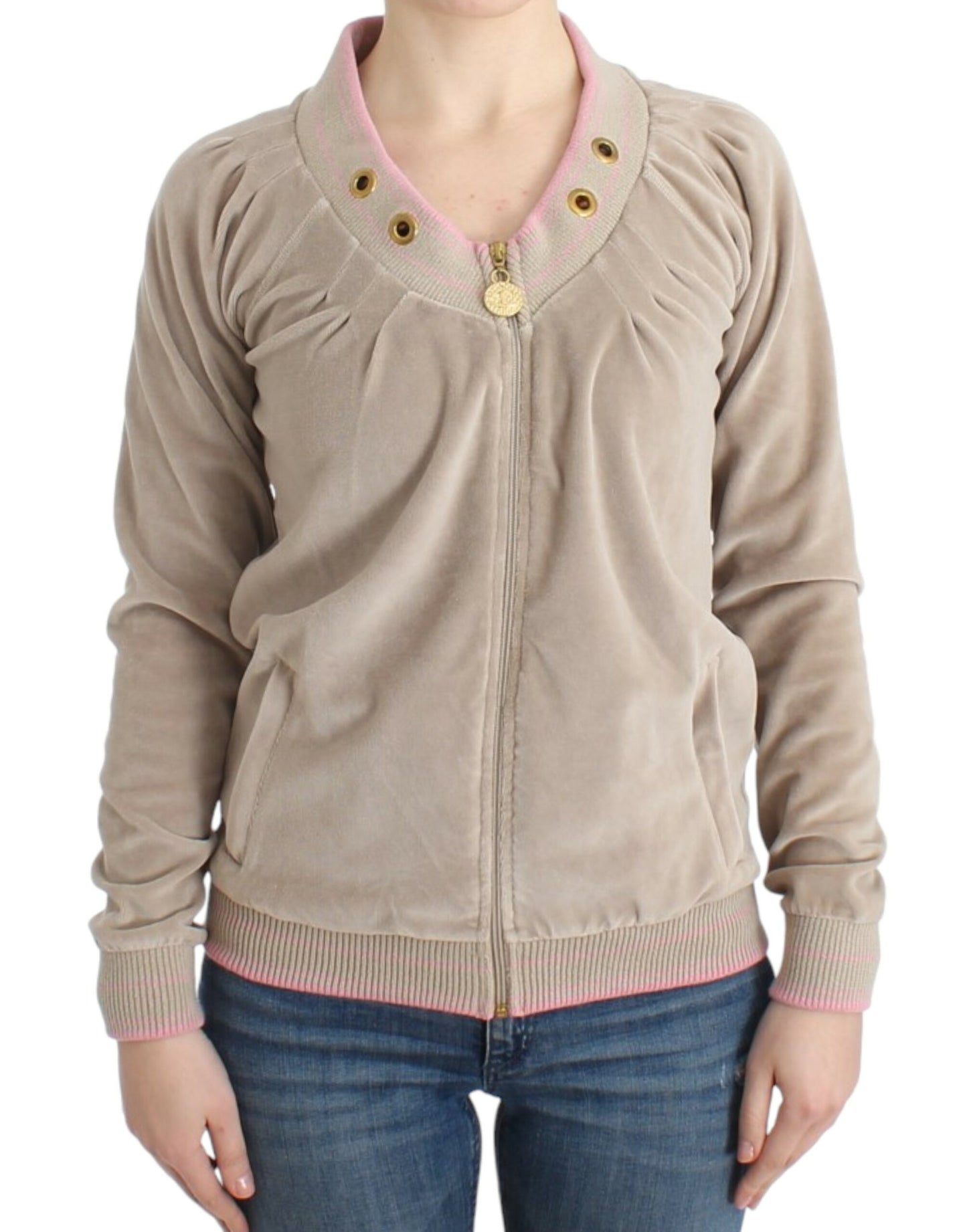 Cardigan zippé beige Cavalli avec accents dorés