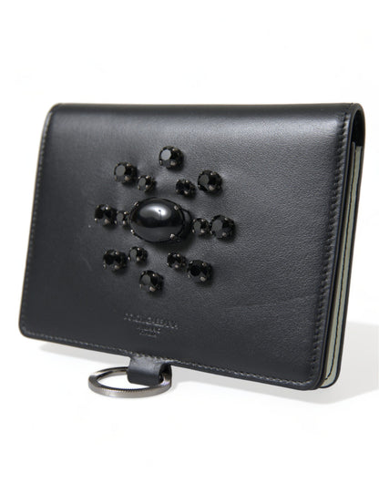 Portefeuille porte-cartes en cuir noir et cristaux Dolce &amp; Gabbana