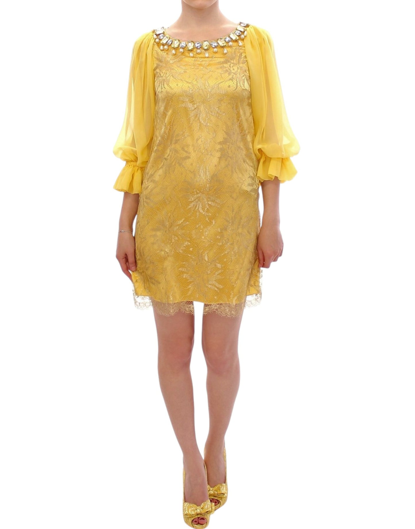 Dolce &amp; gabbana mini-robe en dentelle jaune ornée de cristaux