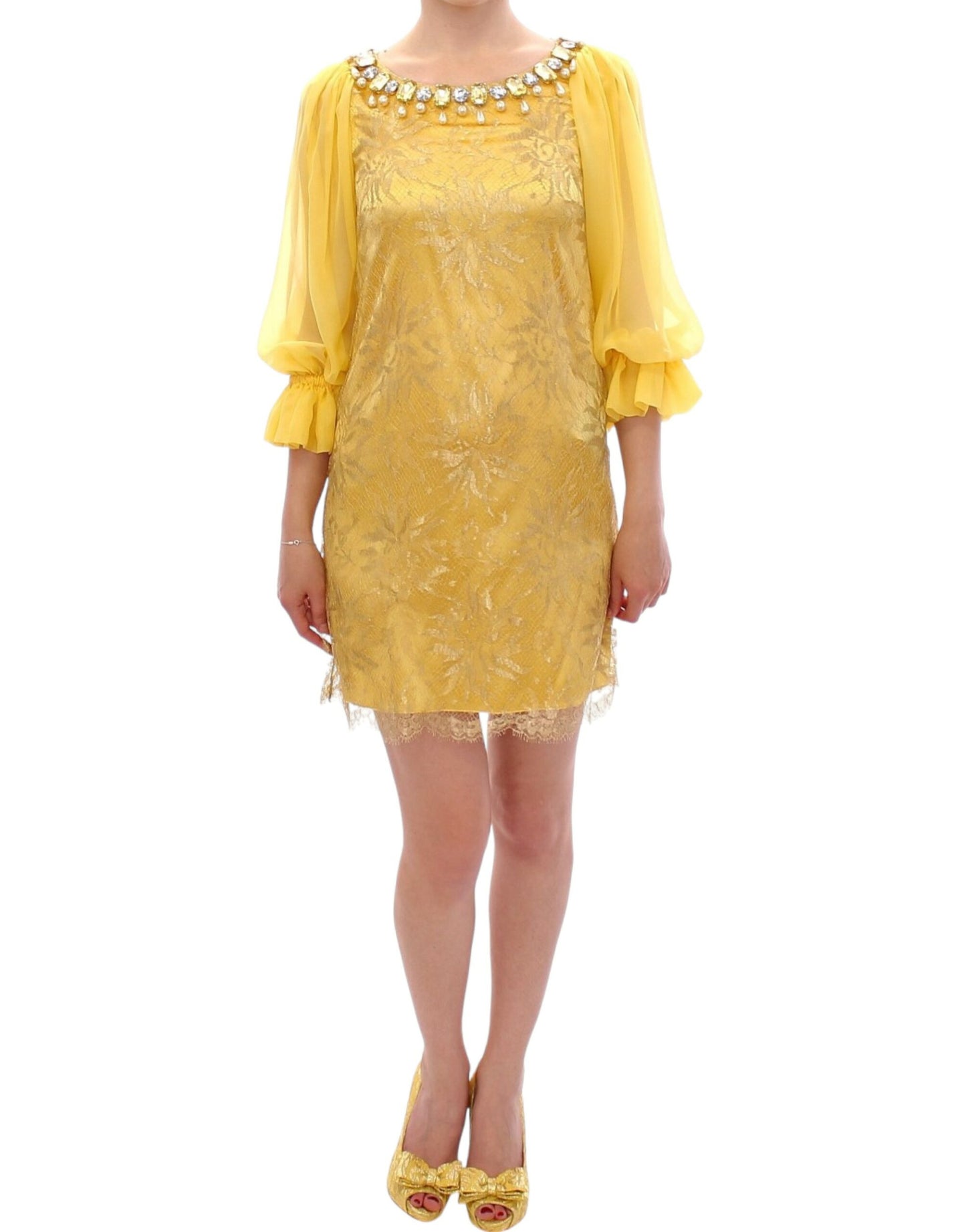 Dolce &amp; gabbana mini-robe en dentelle jaune ornée de cristaux