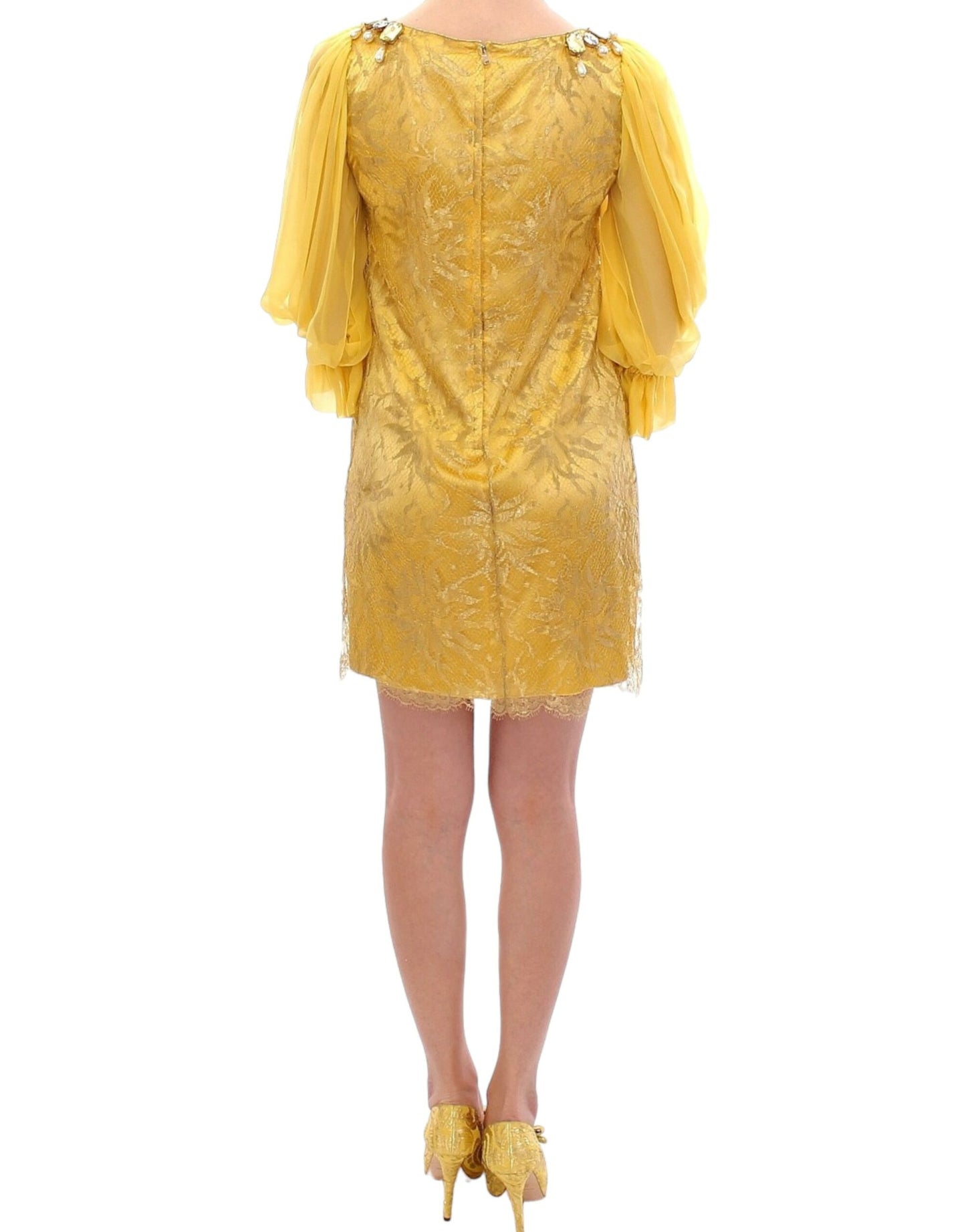 Dolce &amp; gabbana mini-robe en dentelle jaune ornée de cristaux