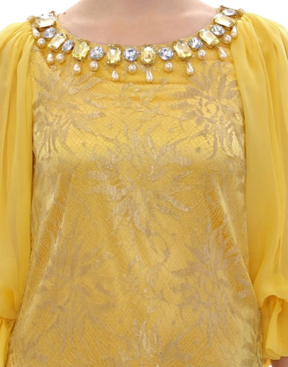 Dolce &amp; gabbana mini-robe en dentelle jaune ornée de cristaux