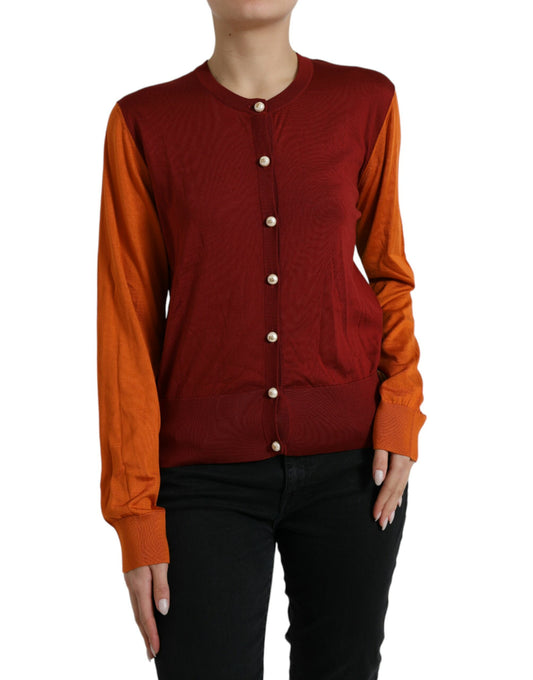 Dolce & Gabbana Silk Button Front Cardigan in Maroon Mix