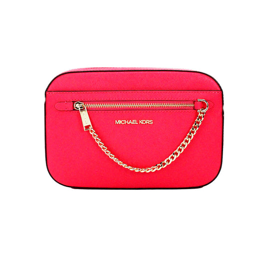 Michael Kors Jet Set East West Bolso bandolera de cuero rosa eléctrico con cadena y cremallera