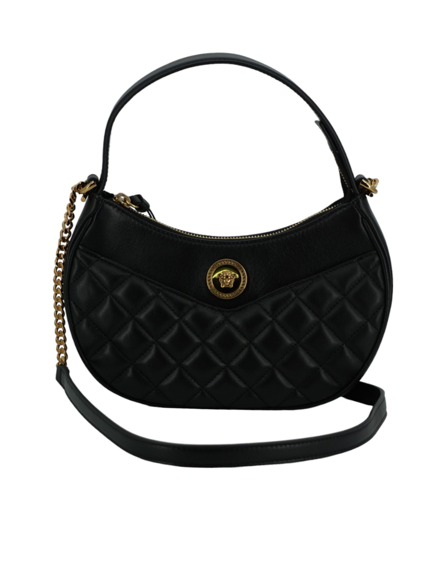 Versace Bolso De Hombro Media Luna De Cuero Negro