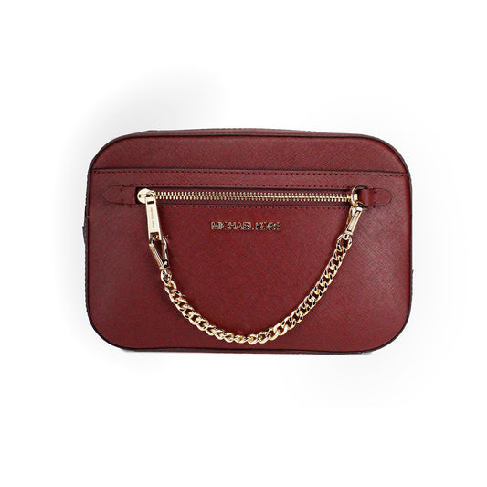 Michael Kors Jet Set East West Grand sac à bandoulière en cuir cerise foncé avec chaîne zippée