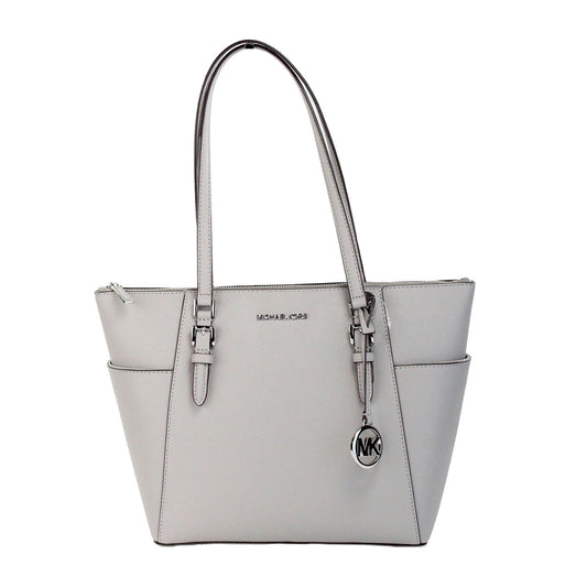 Michael kors charlotte gris perle grand sac fourre-tout en cuir zippé