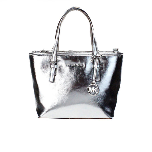 Michael kors jet set argent métallisé xs fourre-tout haut zip sac fourre-tout sac à main