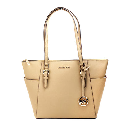 Michael kors charlotte camel grand sac fourre-tout en cuir zippé