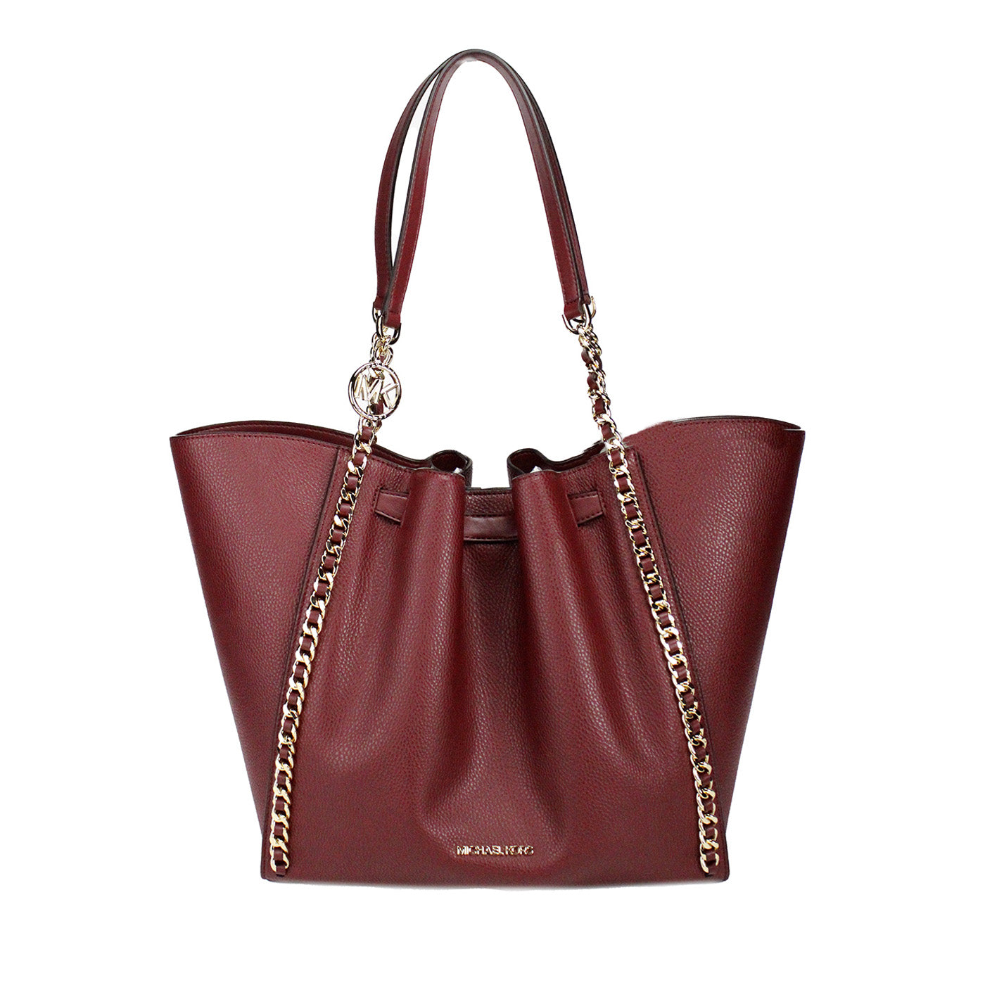 Michael kors mina grand sac fourre-tout en cuir cerise foncé avec ceinture et incrustation de chaîne