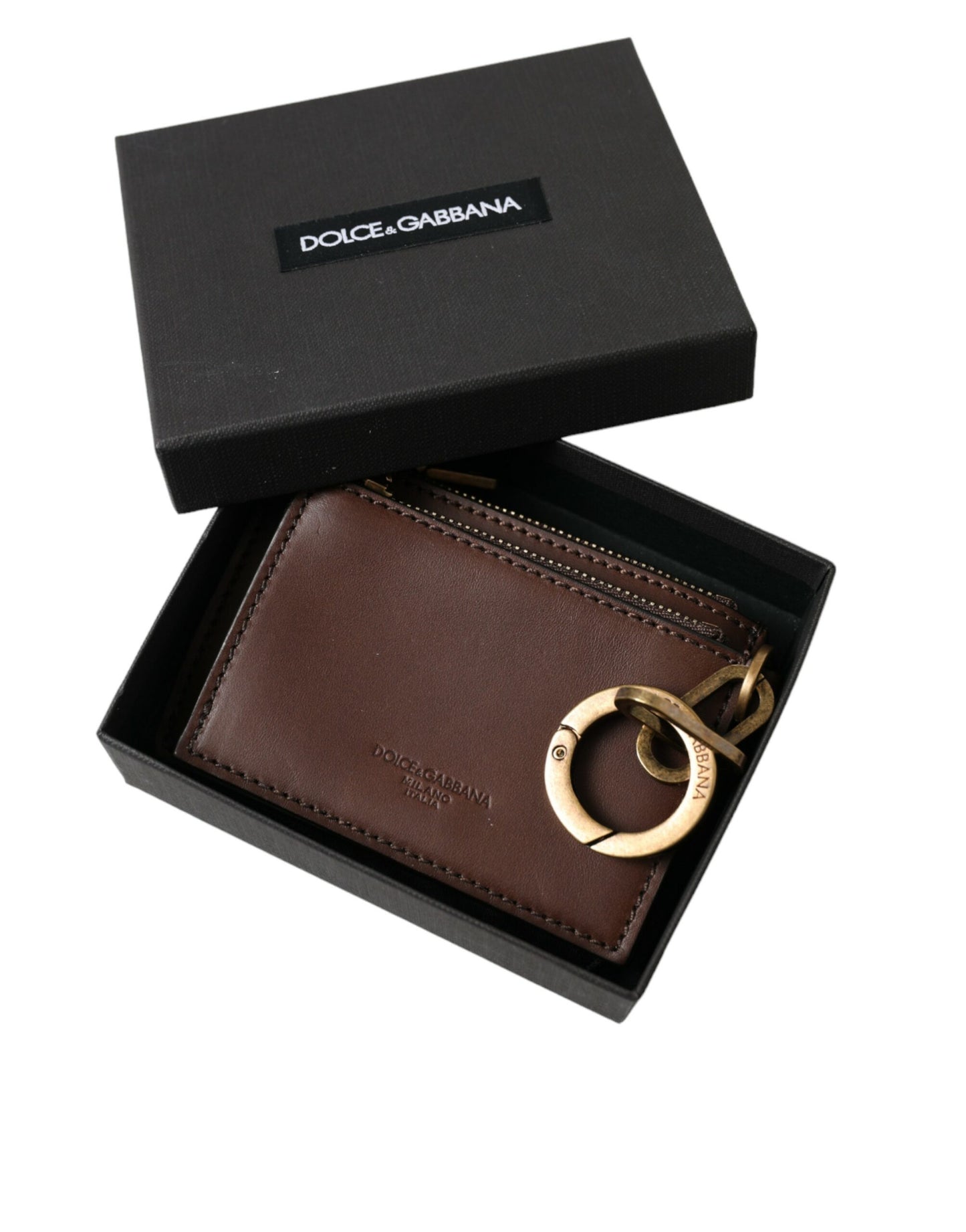 Dolce &amp; Gabbana cuir marron zip logo porte-clés porte-monnaie porte-clés portefeuille