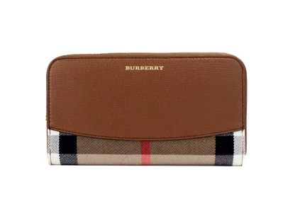 Portefeuille d'embrayage continental en toile à carreaux maison en cuir granuleux beige Burberry Elmore