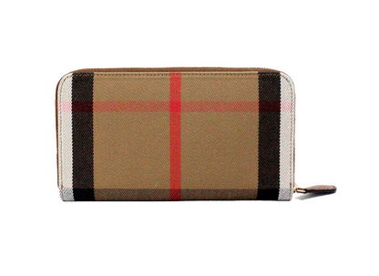 Burberry Elmore Tan Grainy Leather House Check Canvas Continental Clutch Wallet