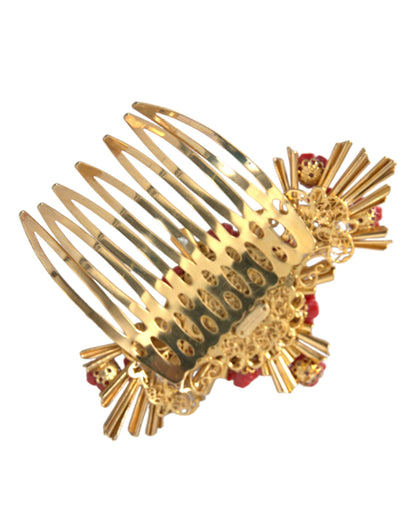 Dolce & Gabbana Gold Brass Crystal Heart Floral Hair Comb