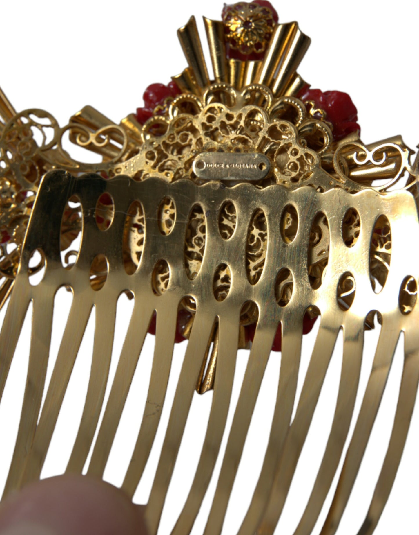 Dolce & Gabbana Gold Brass Crystal Heart Floral Hair Comb