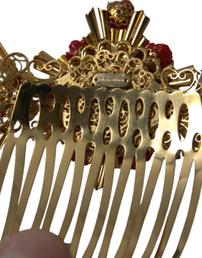 Dolce & Gabbana Gold Brass Crystal Heart Floral Hair Comb