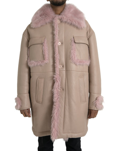 Dolce &amp; gabbana veste manteau en peau de mouton retournée en cuir d'agneau rose beige