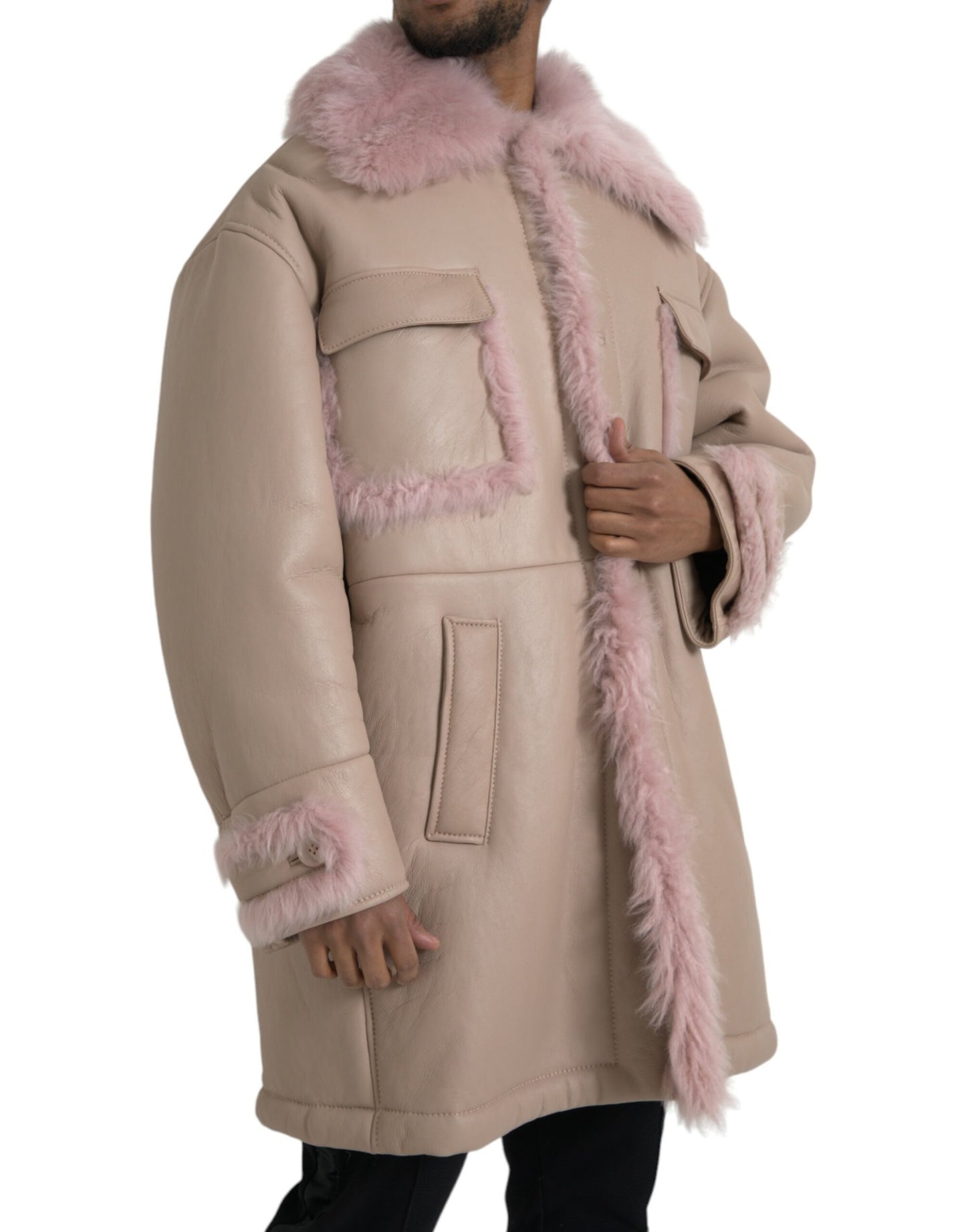 Dolce &amp; gabbana veste manteau en peau de mouton retournée en cuir d'agneau rose beige