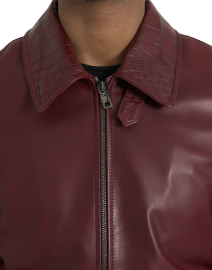 Dolce &amp; Gabbana Veste de motard zippée en cuir exotique marron