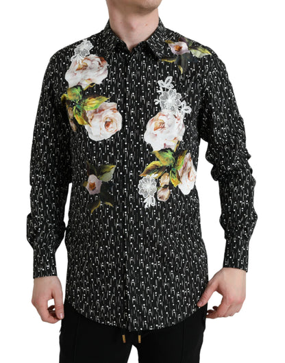 Dolce &amp; Gabbana robe formelle pour hommes à fleurs noires chemise dorée