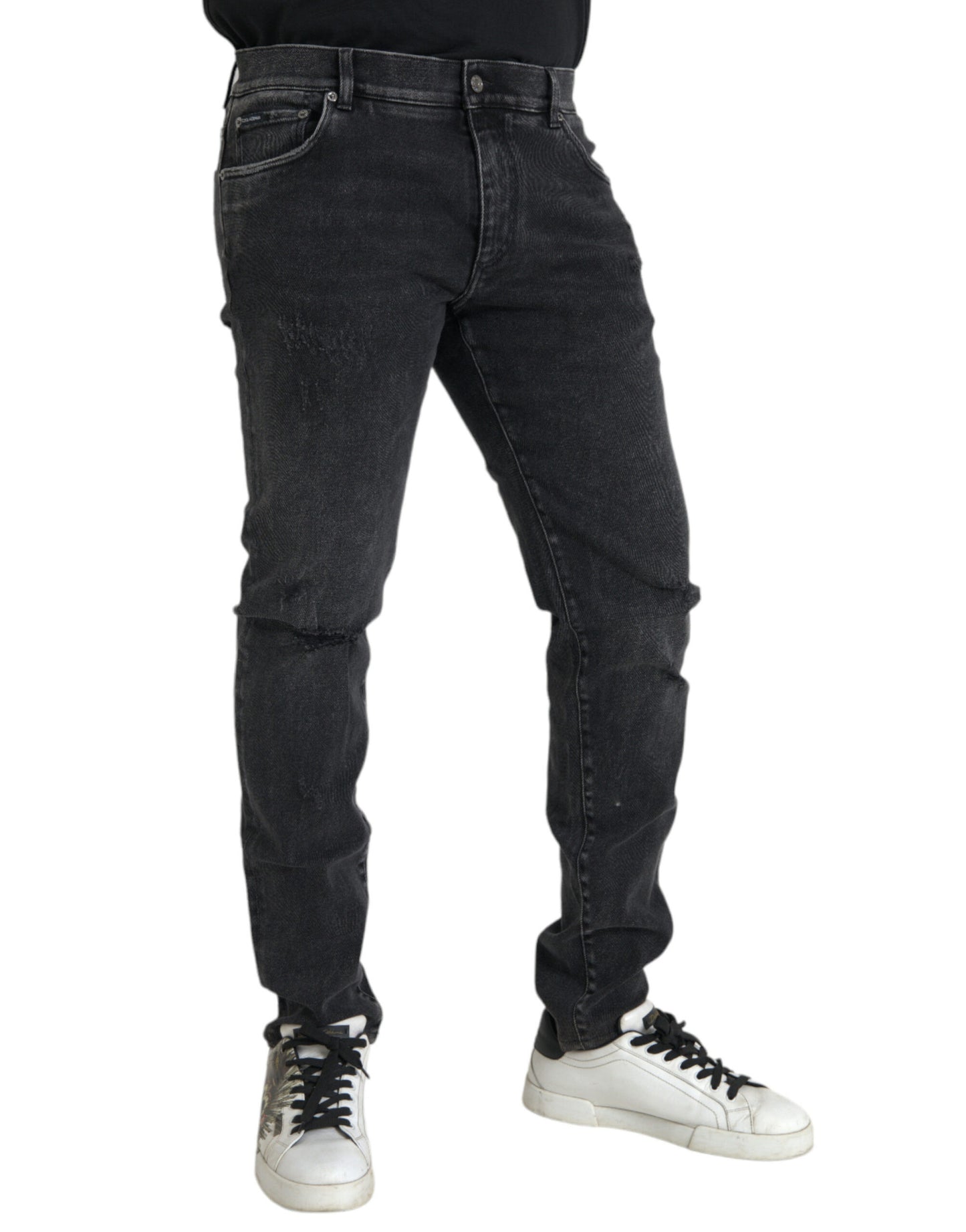 Dolce &amp; Gabbana - Jean skinny stretch en coton gris avec logo