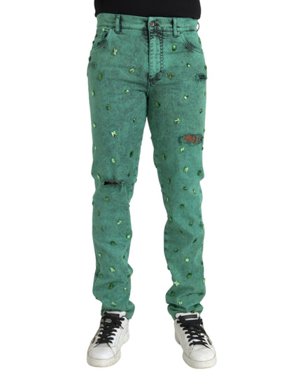 Dolce &amp; Gabbana - Jean slim stretch en coton avec cristaux verts