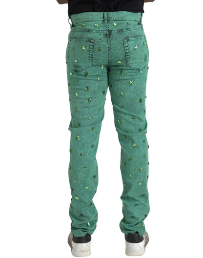 Dolce &amp; Gabbana - Jean slim stretch en coton avec cristaux verts