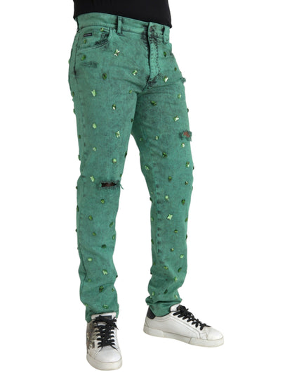 Dolce &amp; Gabbana - Jean slim stretch en coton avec cristaux verts