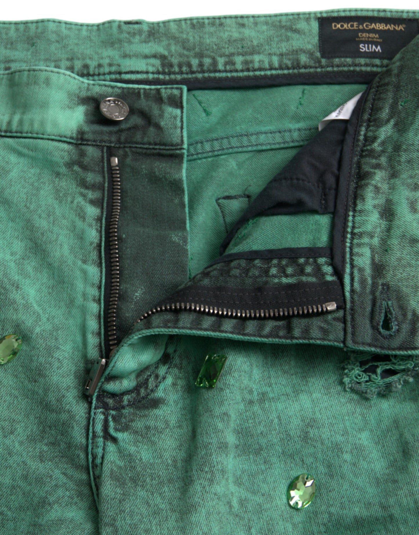 Dolce &amp; Gabbana - Jean slim stretch en coton avec cristaux verts