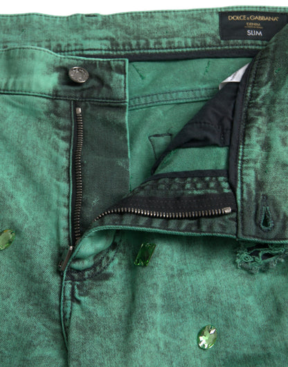 Dolce &amp; Gabbana - Jean slim stretch en coton avec cristaux verts