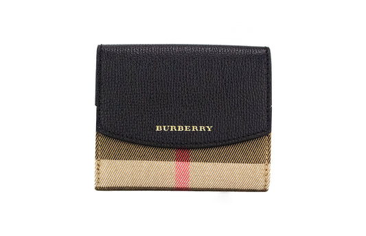 Portefeuille à bouton-pression en toile à carreaux maison en cuir grainé noir Burberry Luna