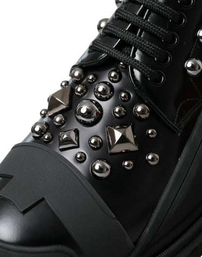 Dolce & Gabbana Black Leather Studded Trekking Sneakers Shoes