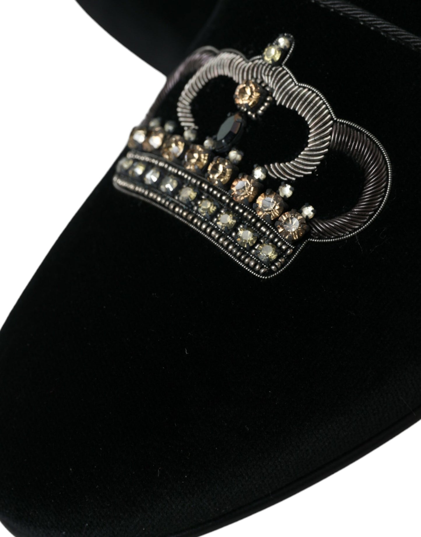 Dolce &amp; Gabbana Noir Velours Cristal Couronne Hommes Mocassins Chaussures