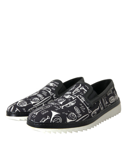 Dolce & Gabbana Black Instrument Print Slip On Loafers Shoes