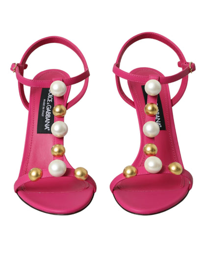 Dolce & Gabbana Pink Embellished Leather Sandals Heels Shoes