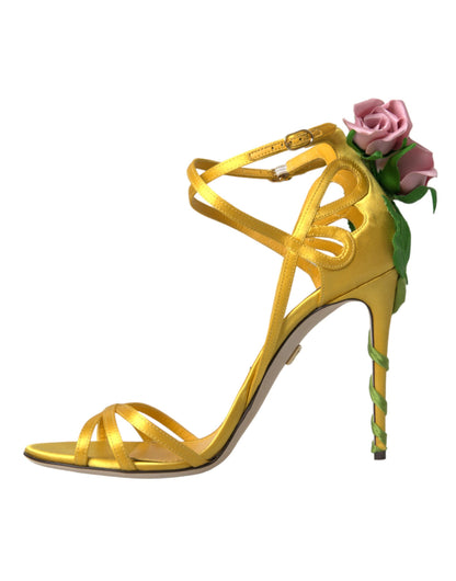 Dolce &amp; Gabbana Sandales à talons en satin à fleurs jaunes