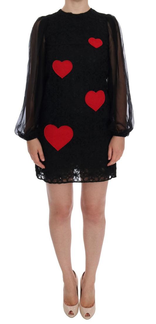 Dolce & Gabbana Elegant Black Lace Heart Applique Shift Dress