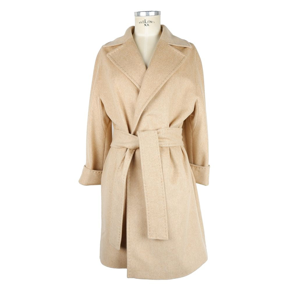 Abrigo de mujer elegante de lana beige con cinturón Made in Italy