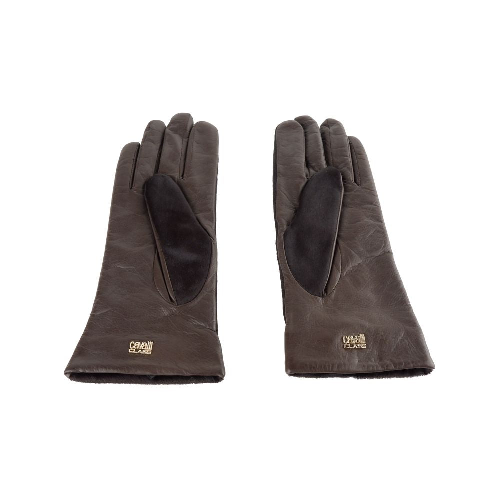 Cavalli Class Elegantes Guantes De Cuero Marrón Oscuro