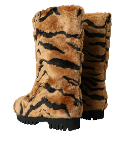 Dolce & Gabbana Brown Tiger Fur Leather Mid Calf Boots Shoes