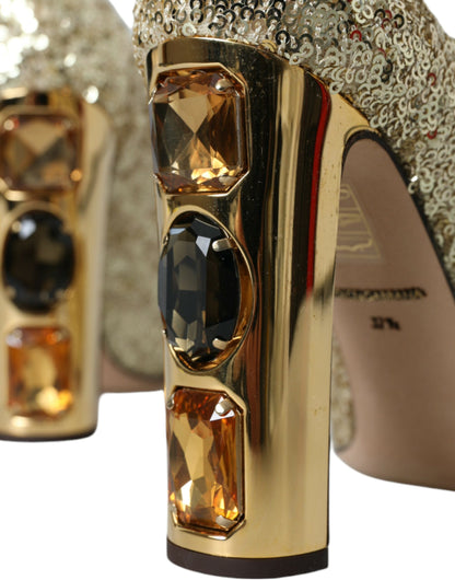 Dolce & Gabbana Gold Sequin Crystal Heels Pumps Shoes