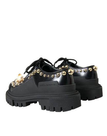 Dolce & Gabbana Black Leather Trekking Derby Embellished Shoes