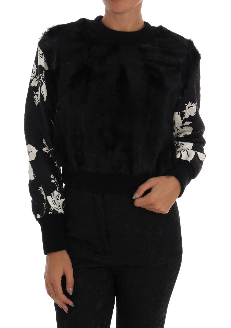 Dolce &amp; gabbana pull en fourrure noire en brocart fleuri