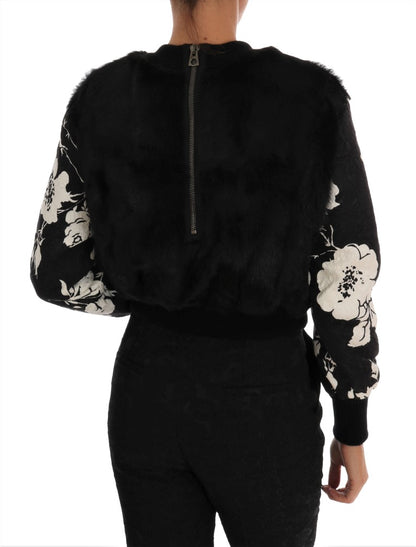 Dolce &amp; gabbana pull en fourrure noire en brocart fleuri