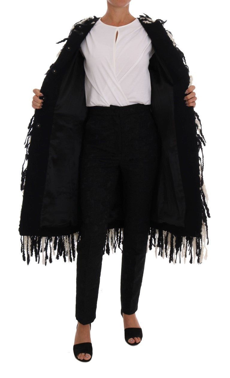 Dolce &amp; gabbana veste manteau en laine à franges noir et blanc