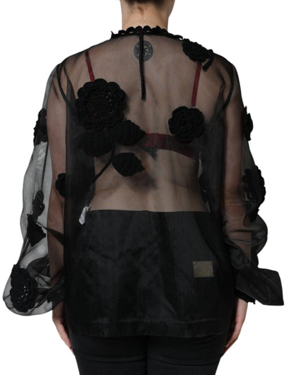 Chemisier fleuri transparent en maille de nylon noir Dolce &amp; Gabbana