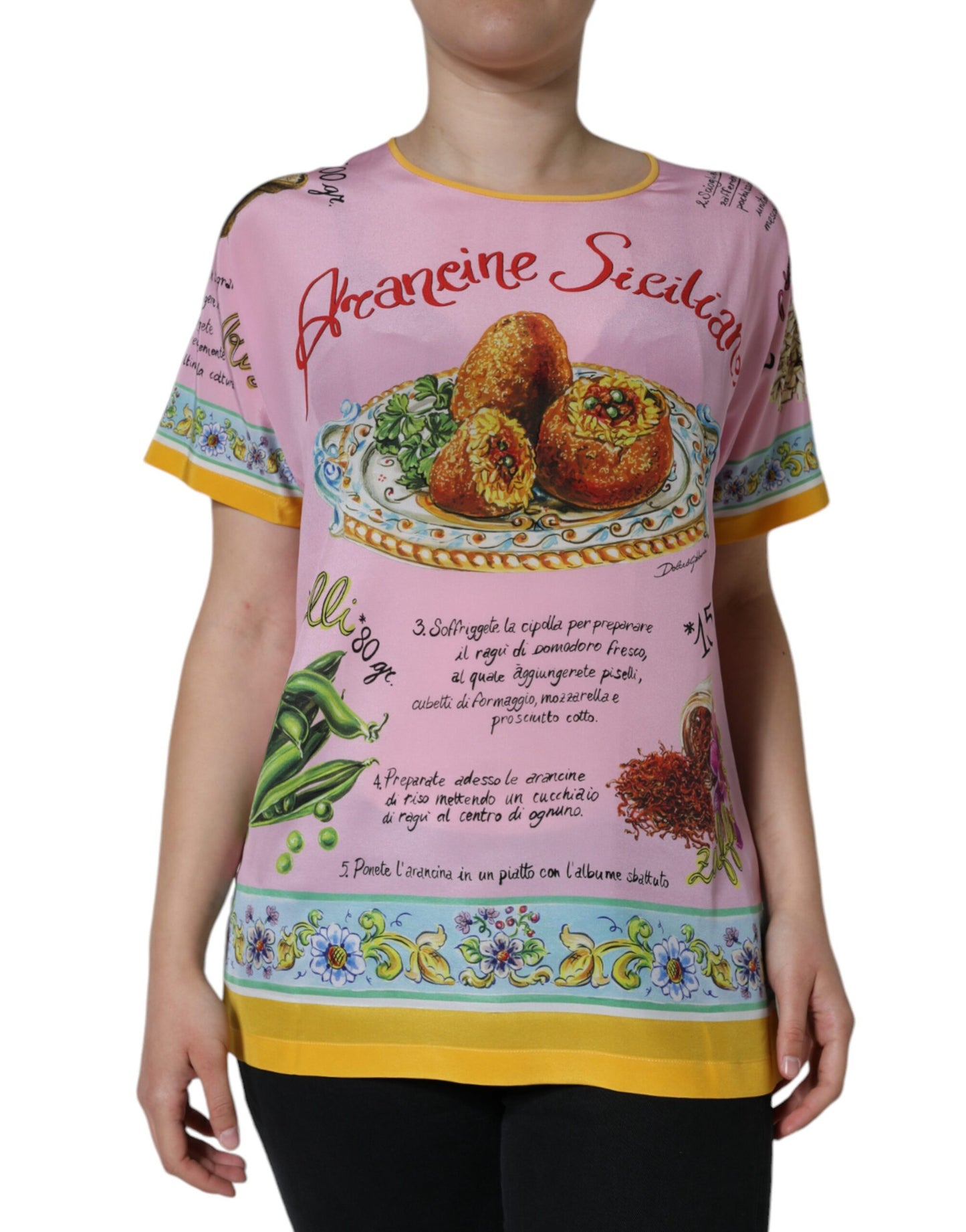 Top de manga corta con estampado Araneine Siciliana de seda rosa de Dolce &amp; Gabbana