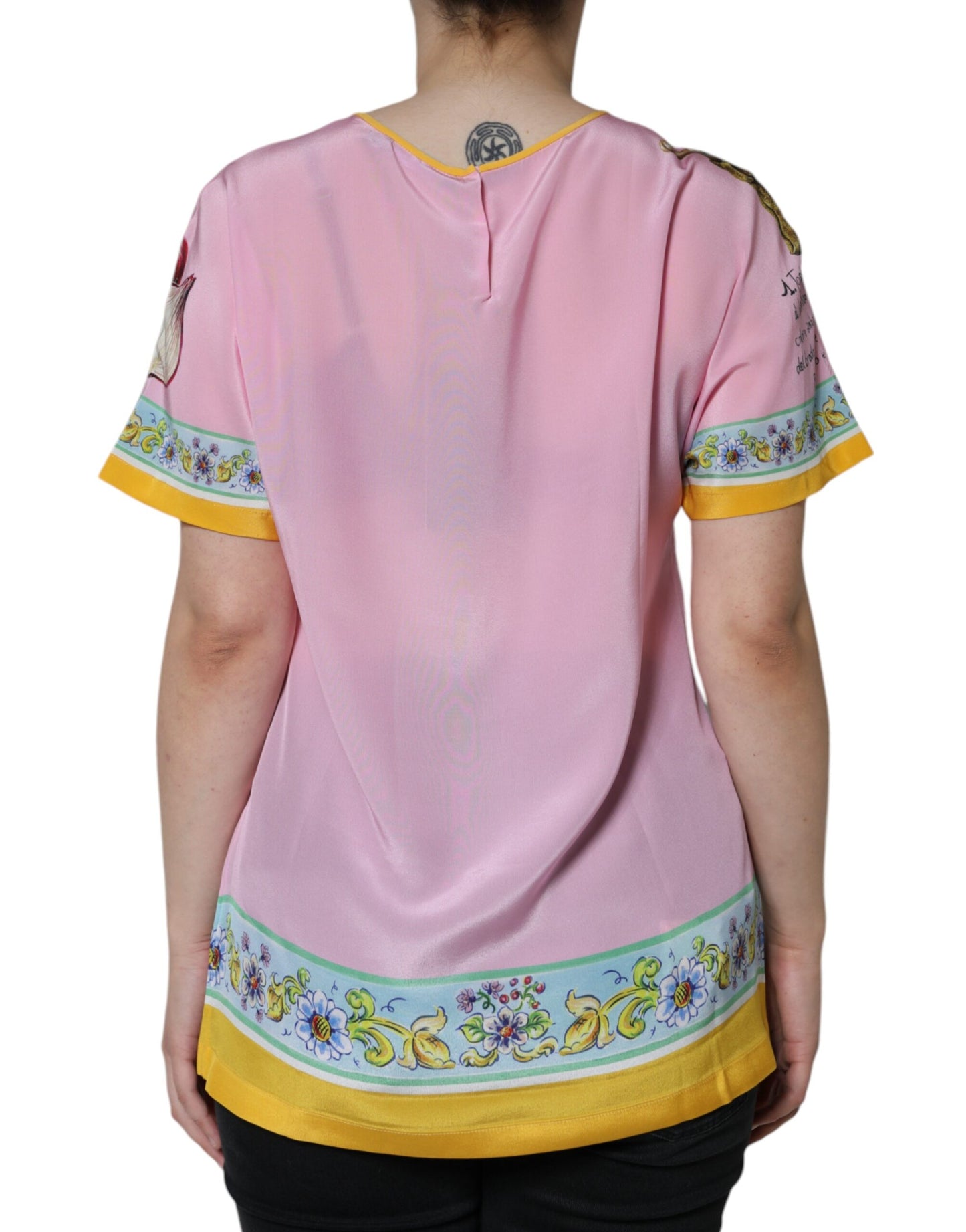 Top de manga corta con estampado Araneine Siciliana de seda rosa de Dolce &amp; Gabbana