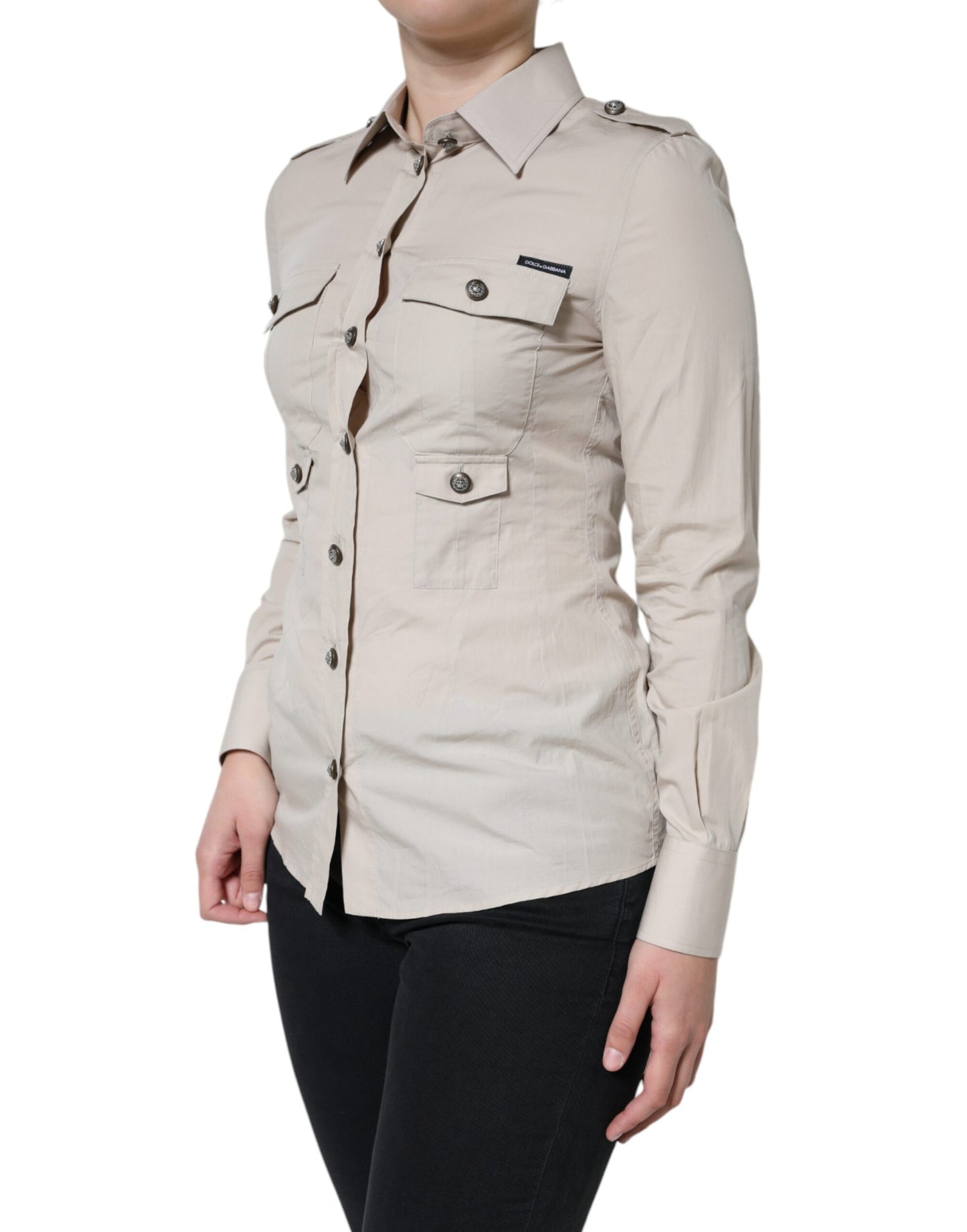 Chemise boutonnée à col en coton beige Dolce &amp; Gabbana