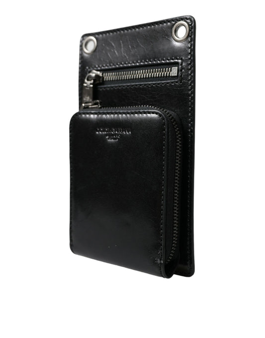 Portefeuille à bandoulière avec logo zippé en cuir de veau noir Dolce &amp; Gabbana